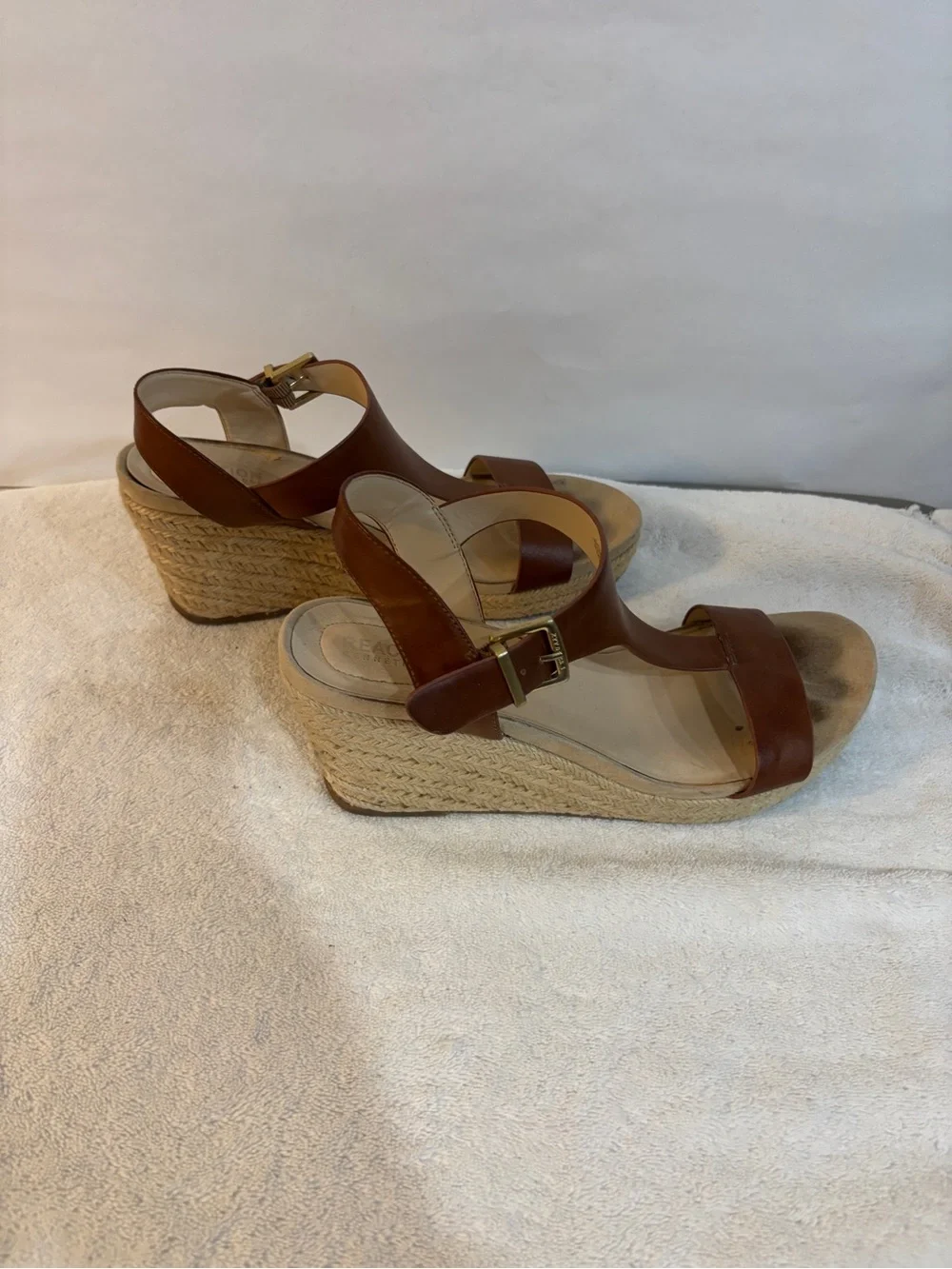 Brown Leather Wedge Sandals with Buckle